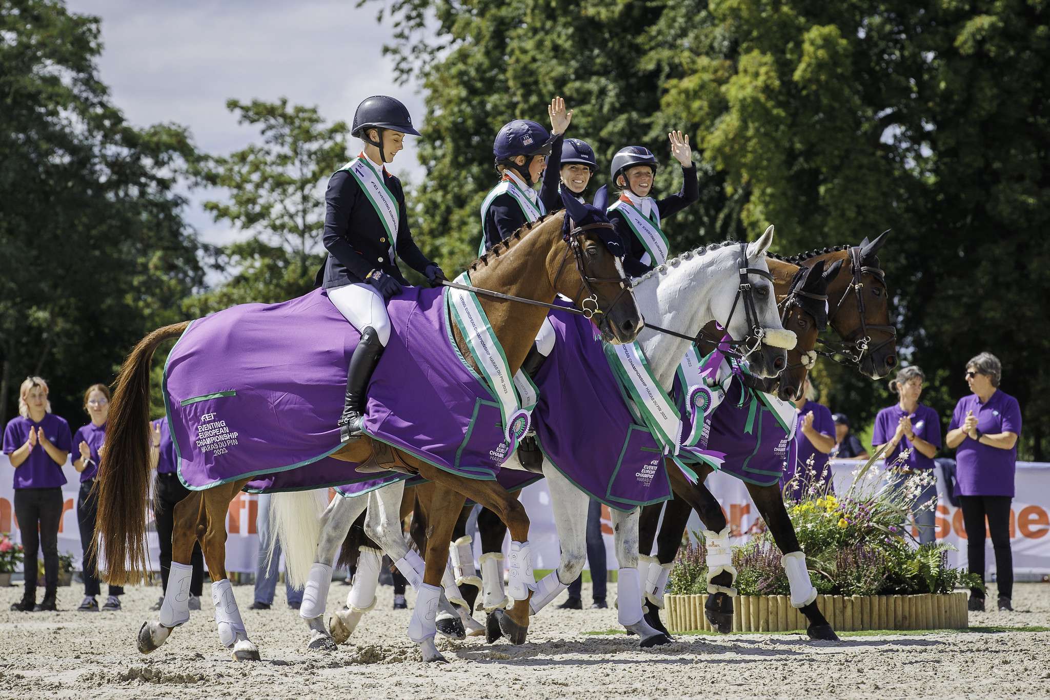 Team GOLD - Team Great Britain: Rosalind Canter; Laura Collett; Kitty King; Yasmin Ingham. The Medal Ceremony. 2023 FRA-FEI Eventing European Championships | Haras du Pin, France. Sunday 13 August 2023. Copyright Photo: Libby Law Photography