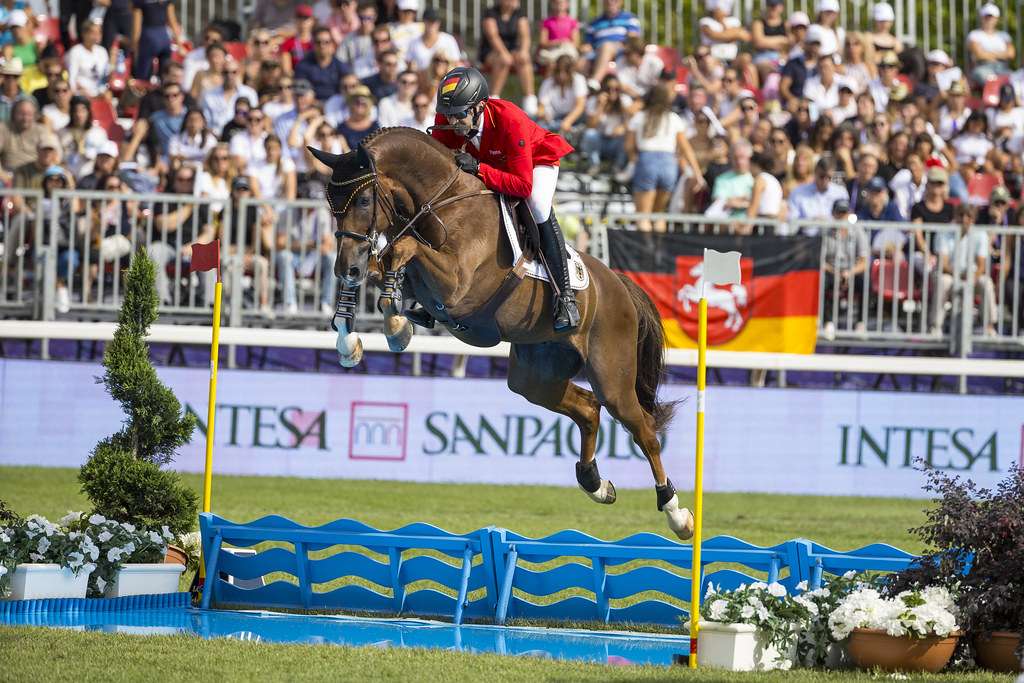 Philipp Weishaupt (GER) riding Zineday in the second qualifying Competition - Individuals and Final Teams at the FEI Jumping European Championship Milano 2023