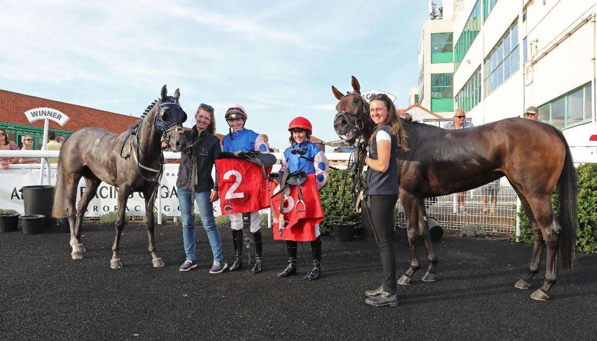 Mayfair and Miss Rhea Betts winners of the Emirates Breeders (0-70) Handicap at Brighton with Victoria and Miss Teagan Padgett who were second
© Debbie Burt - Equine Creative Media