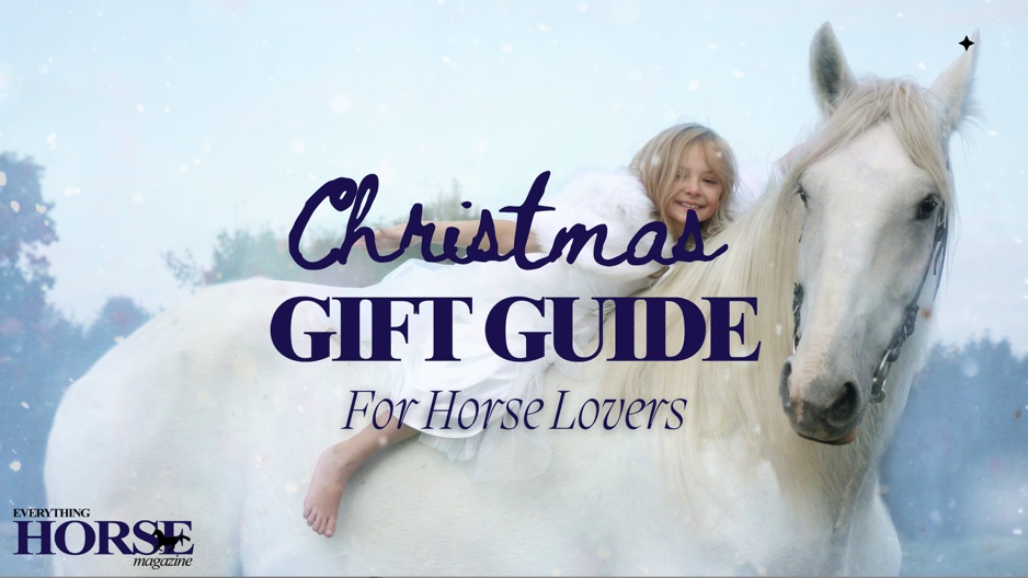 Christmas Gift Guide for horse lovers image of a girl on a white horse in a snowy field