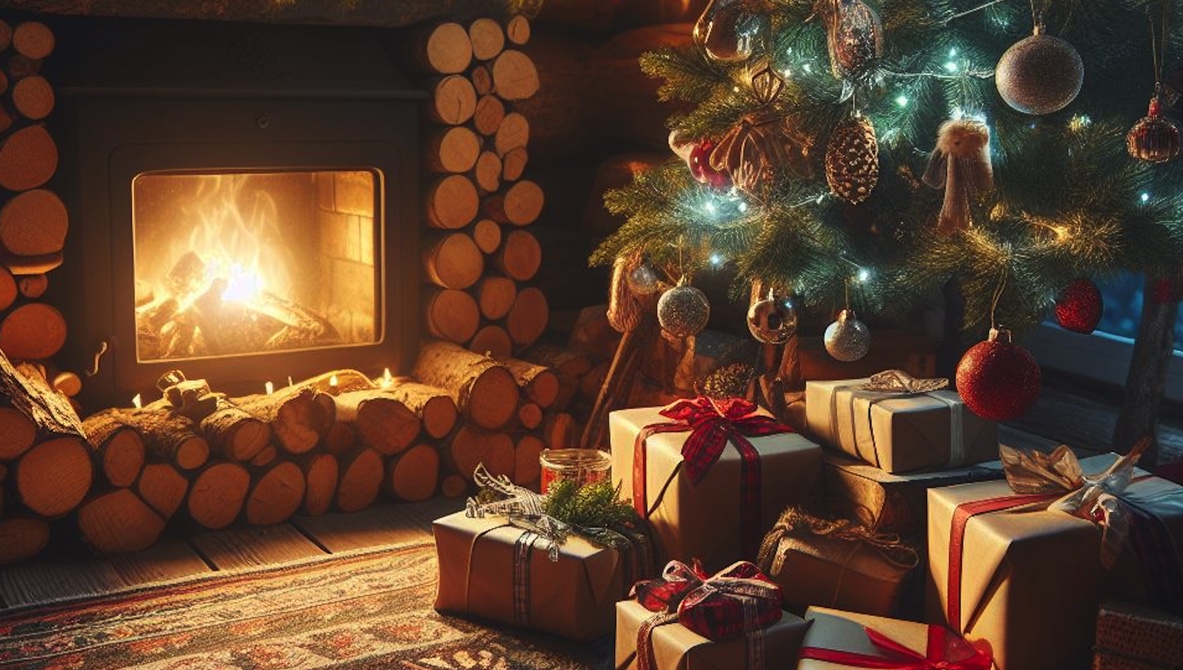 Elevate Your Gifting Game with Experience Gift Cards. Image of christmas presents under a christmas tree by a fire that is lit.
