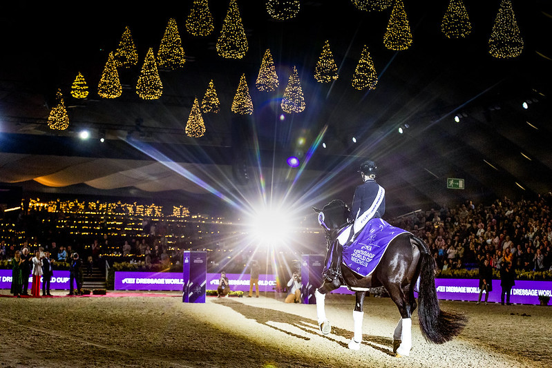 Great Britain’s Charlotte (Lottie) Fry and her Tokyo 2020 Olympic ride, Everdale, winners of the sixth leg of the FEI Dressage World Cup™ 2023/2024 Western European League in Mechelen, Belgium. (FEI/Dirk Caremans)