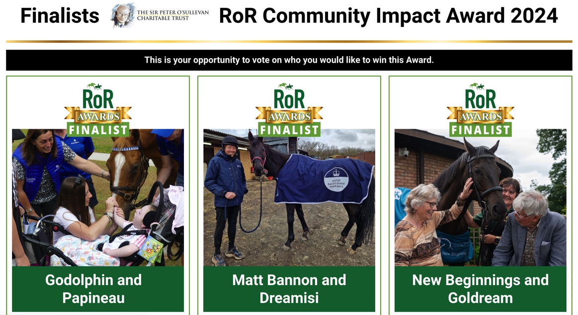 Retraining of Racehorses (RoR) announces finalists for the RoR Community Impact Award and RoR Horse of the Year Award