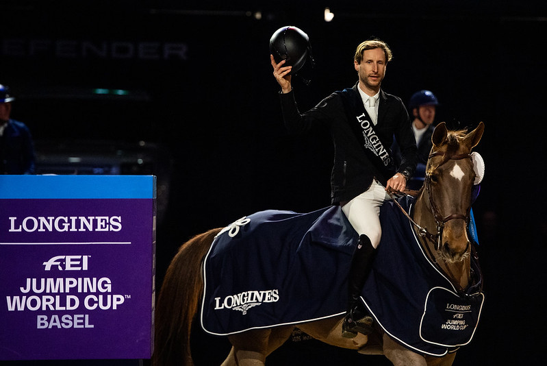 PIETER DEVOS of Belgium reacts on MOM'S TOUPIE DE LA ROQUE after victory in Longines FEI Jumping World Cup of Basel 2024 in Basel, Switzerland, January 14, 2024.
 
 
Copyright © FEI/Martin Dokoupil