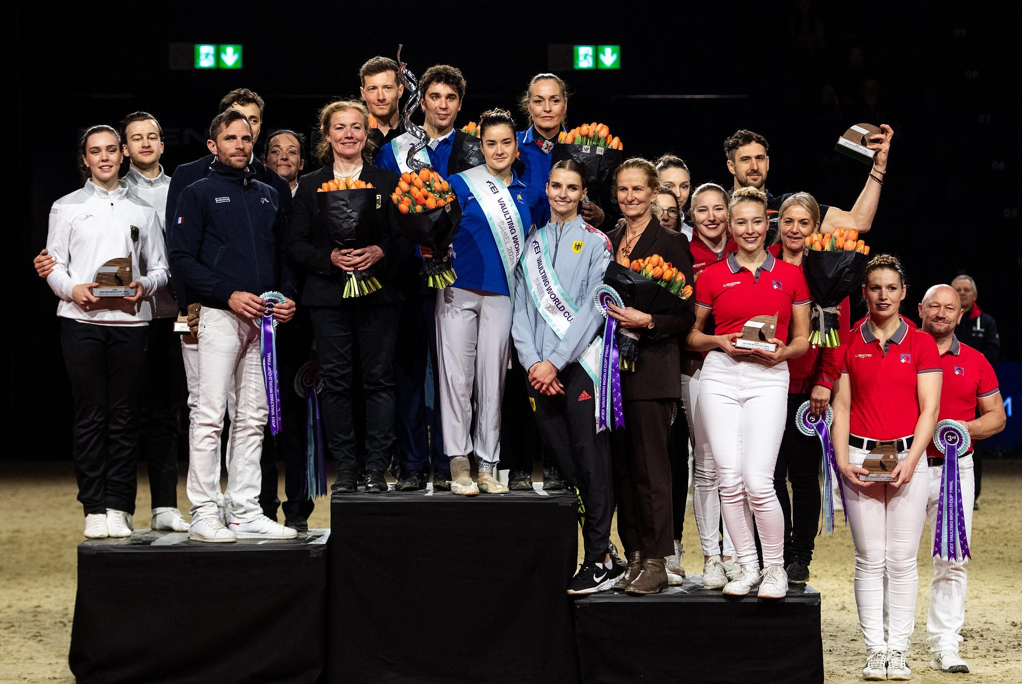 FEI Vaulting World Cup™ Final 2024 Basel, Switzerland All medalists pose for a photo at the prize giving ceremony for the FEI Vaulting World Cup Final 2024 in Basel, Switzerland, January 14, 2024.