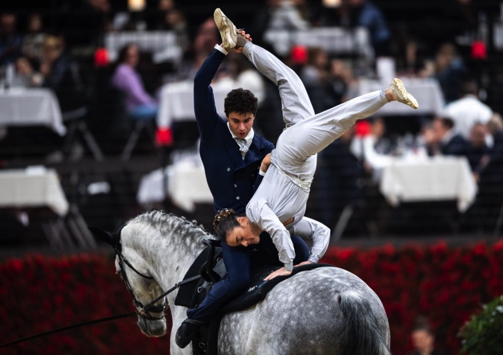Rebecca Greggio and Davide Zanella (ITA) with Orlando Tancredi winners of the Pas-de-Deux Competition 1 Free Test at the FEI Vaulting World Cup™ Final 2024 Basel (SUI) Copyright © FEI/Martin Dokoupil
