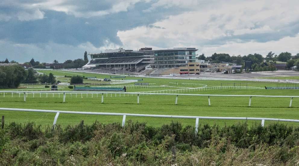 An historic race course in Britain with grandstand in the background