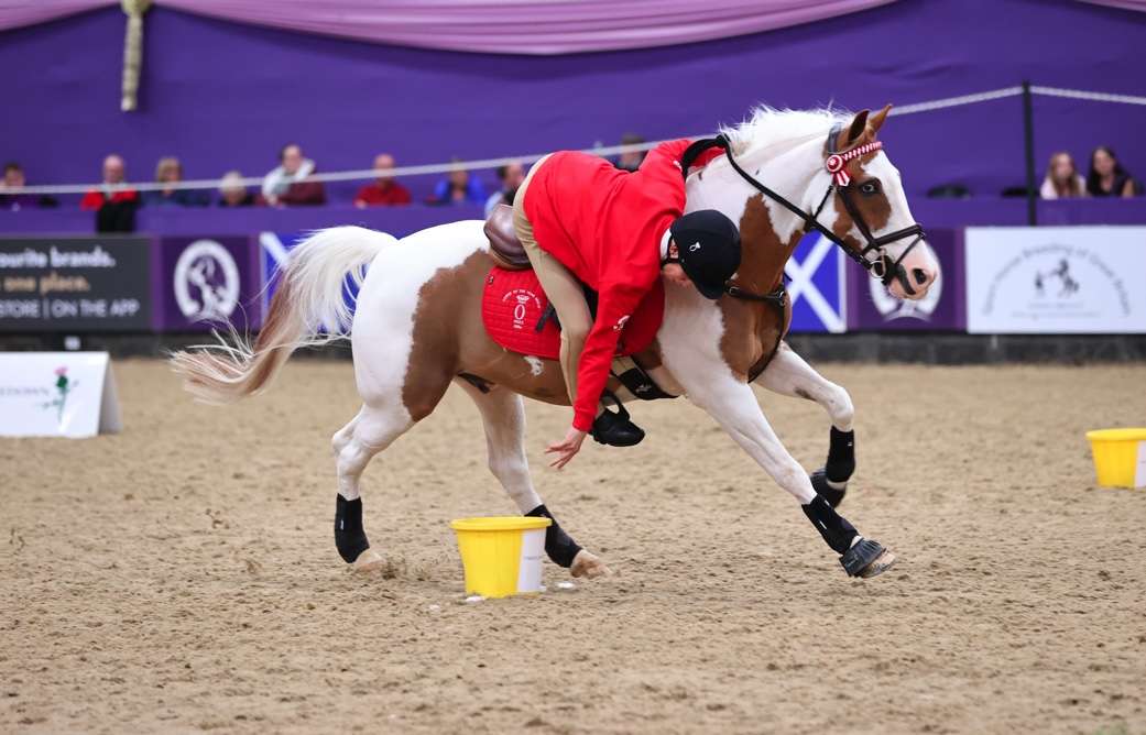 A HOYS Pony Club Mountain Games rider and her horse dropping a ball intoa bucket
