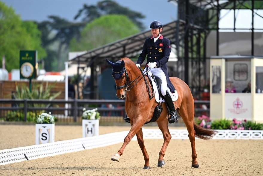 Gareth Hughes riding Classic Goldstrike at Windsor Horse Show in the Dressage arena