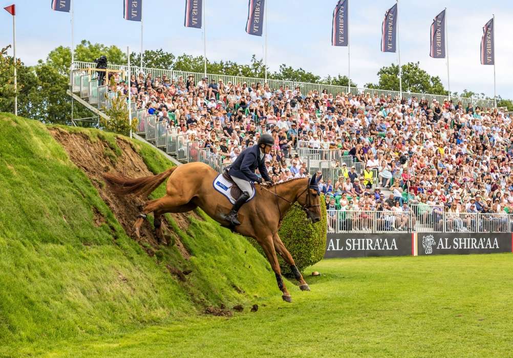 William Funnell and Dublon, jumping down the iconic Hickstead Bank - winners of the Hickstead Derby 2024