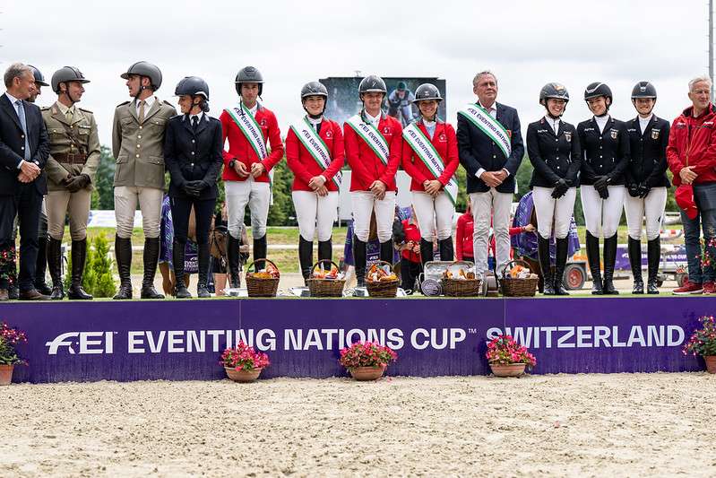 FEI Eventing Nations Cup™ of Switzerland, Avenches, Switzerland
Gold team Switzerland - FELIX VOGG, NADJA MINDER, ROBIN GODEL, MÉLODY JOHNER and Chef d’Equipe DOMINIK BURGER, silver Teal Italy - EMILIANO PORTALE, ROBERTO RIGANELLI and EVELINA BERTOLI and bronze Team Germany - ANNA HAAG, CARLA HANSER and AMELIE REISACHER stand on the podium after the FEI Eventing Nations Cup™ of Switzerland in Avenches, Switzerland, June 9, 2024.