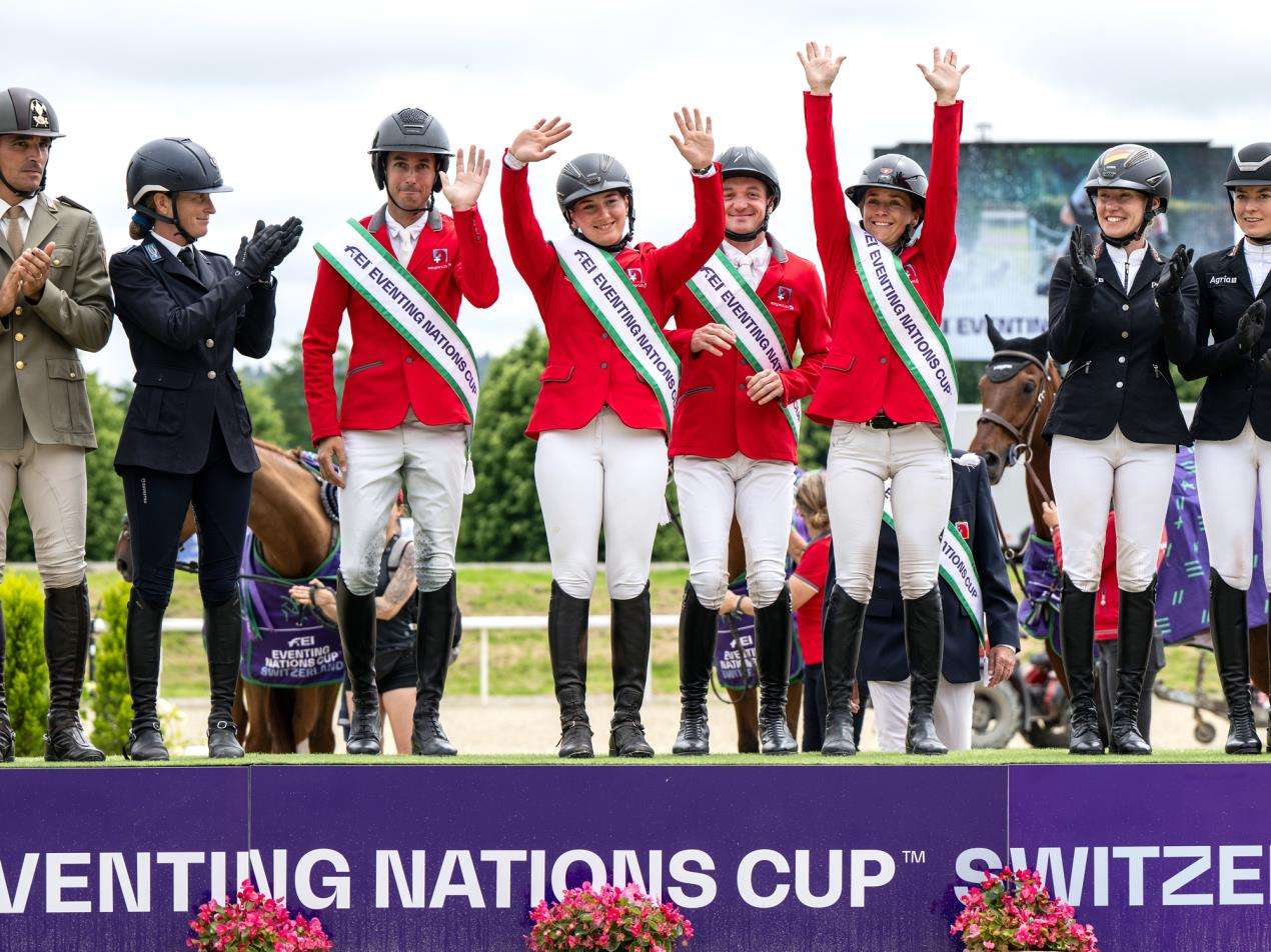 Felix Vogg, Nadja Minder, Robin Godel and Mélody Johner celebrate victory in the FEI Eventing Nations Cup™ in Avenches (SUI) 2024. © FEI/Martin Dokoupil