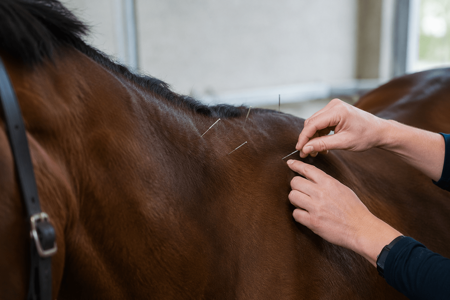 Close-up photograph of a horse receiving acupuncture treatment, with fine needles placed along the horse’s back while a practitioner carefully inserts another needle in a softly lit stable setting.