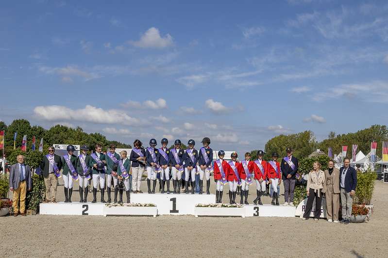 FEI Jumping Nations Cup Youth Final - Ponies Team Podium, GBR, Whitaker Claire, Gerken Hollie, Rogers Sophia, Allshop Maisie, Kerr Cate, Lucy Capper, IRL, Derwin James, Flynn Charlie, Boland Annie, Reape Senan, BEL, Vermeir Robin, Lux Clémentine, de Schrijver Aurfe, de Waele Thibault, Thirion Elise FEI Jumping Nations CupTM Youth Final 2024 Azelhof - Lier 2024 © Hippo Foto Media - Dirk Caremans 15/09/2024