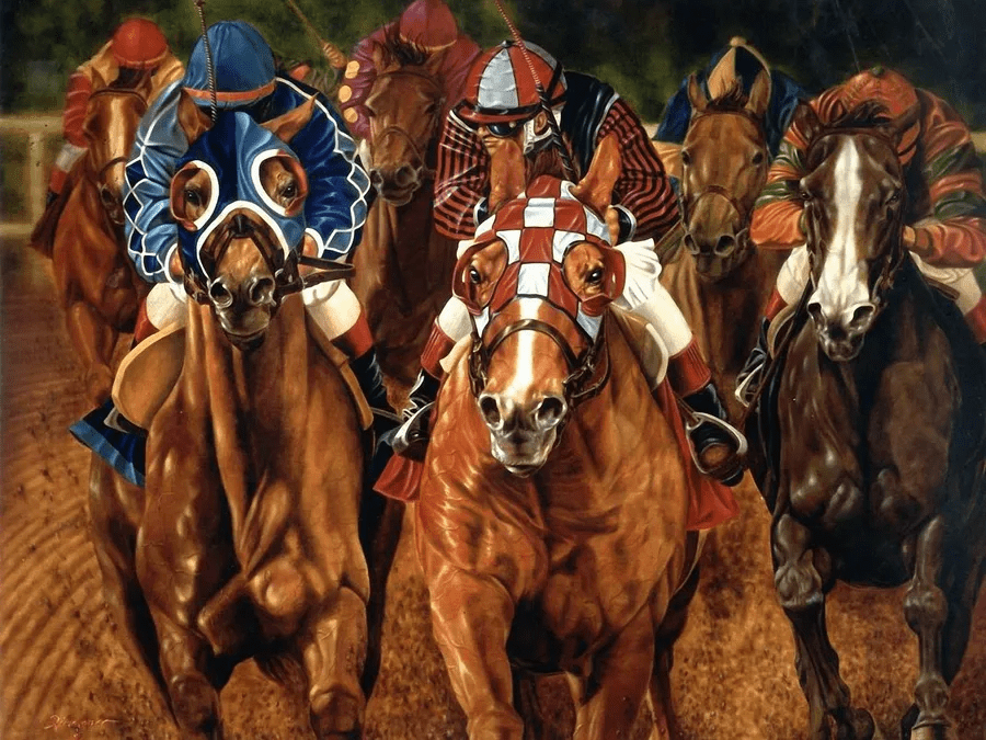 a painting of horses racing in a group
