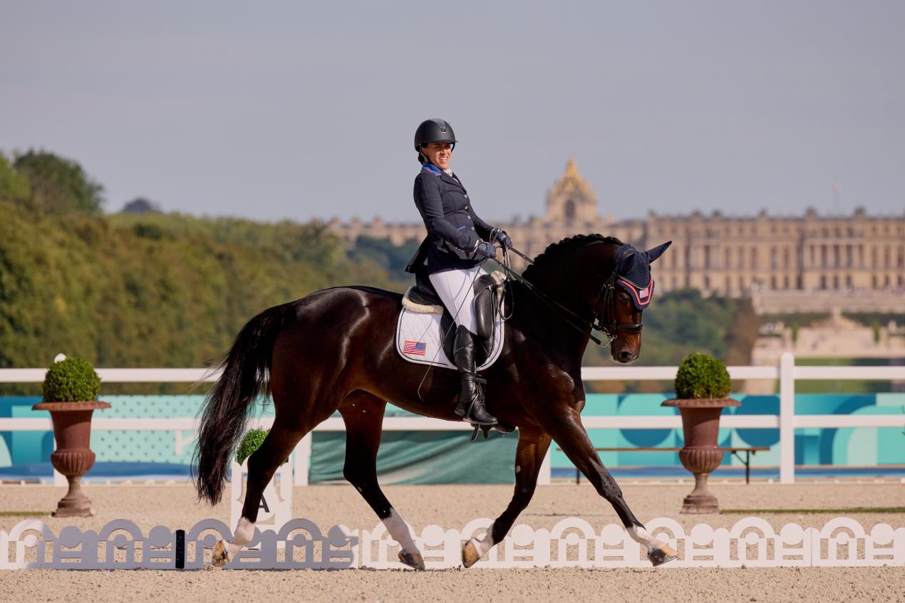 Rebecca Hart (USA) and Floratina pictured on 6 September 2024 competing in the Paris 2024 Paralympic Games at the Château de Versailles where the pair won three gold medals. © FEI/Liz Gregg