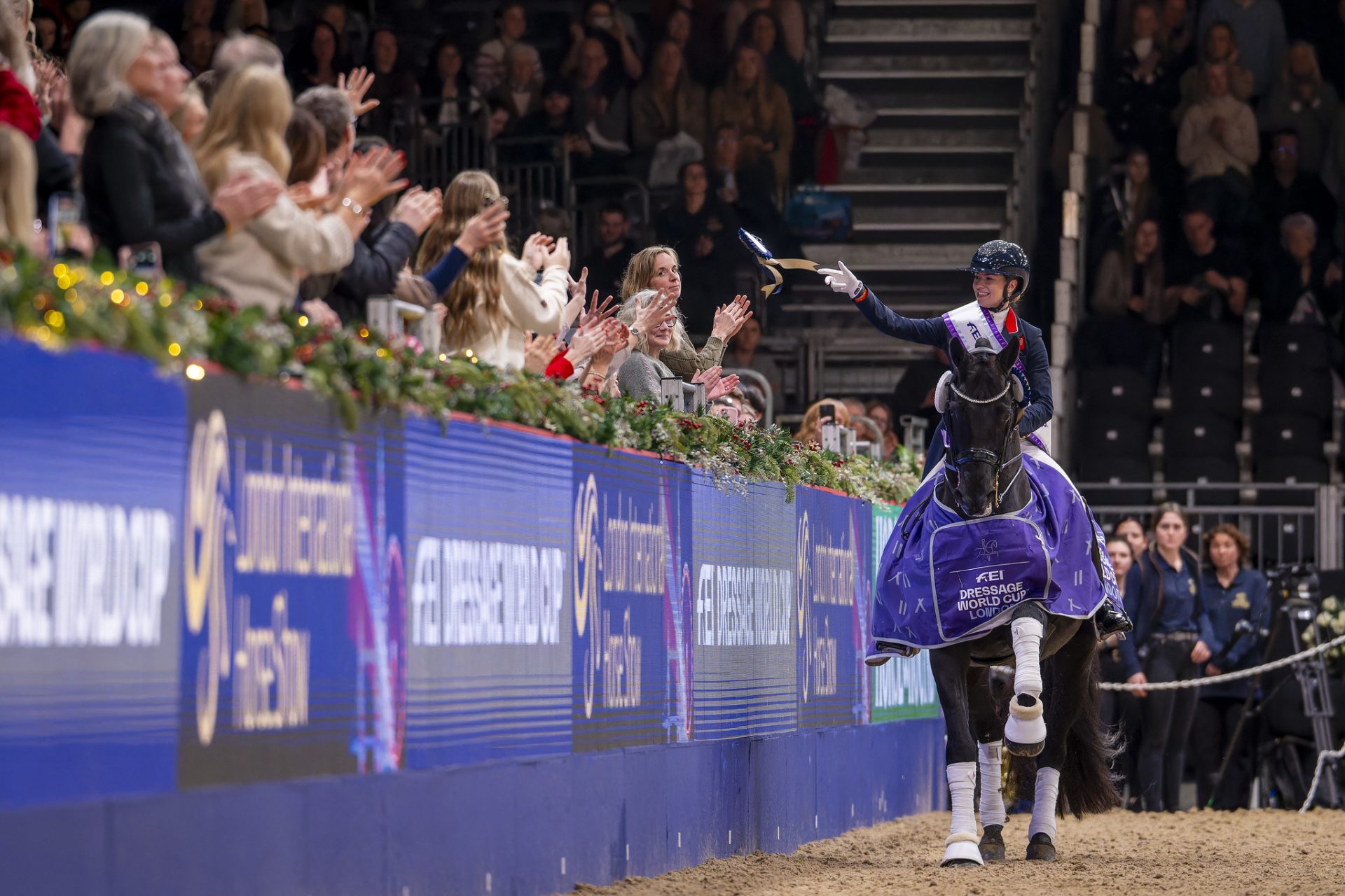 Winner Charlotte FRY (GBR) & GLAMOURDALE at the prizegiving of the FEI DRESSAGE WORLD CUP™ FREESTYLE - London International Horse Show, Excel London, United Kingdom - 19 December 2025 - photo FEI/Jon Stroud Media