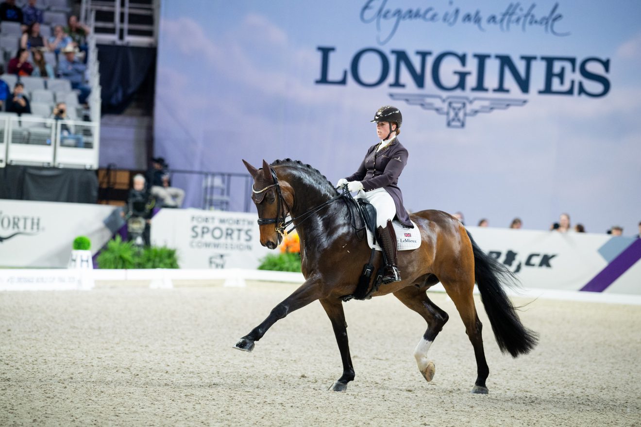 The FEI World Cup™ Finals Fort Worth 2026 Fort Worth, TX, USA - Becky Moody (GBR) and Jagerbomb, during the dressage freestyle of The FEI World Cup™ Finals Fort Worth 2026 North American League Fort Worth Texas USA Copyright © FEI/Shannon Brinkman
