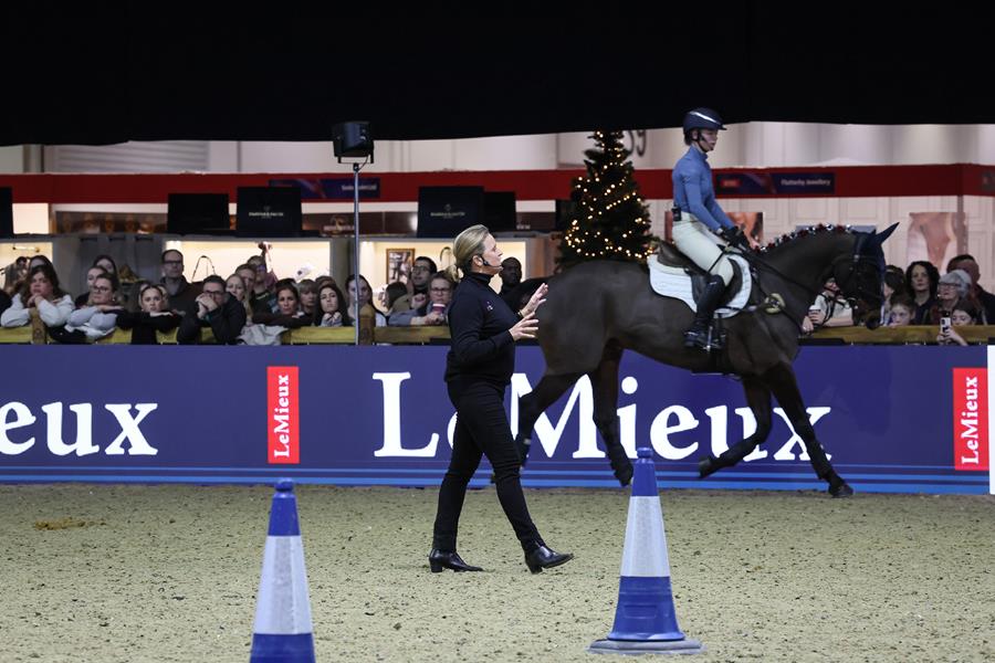 Pippa Funnell MBE coaches a Member of The Pony Club during the 2025 Masterclass. Credit London International Horse Show / Peter Nixon 