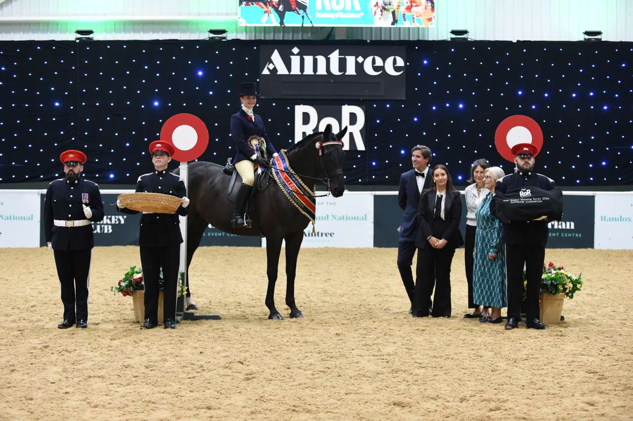 Eve Nicholls and Falloway Dubreau securing the RoR title in the Tattersalls RoR Ridden Showing Supreme Championship